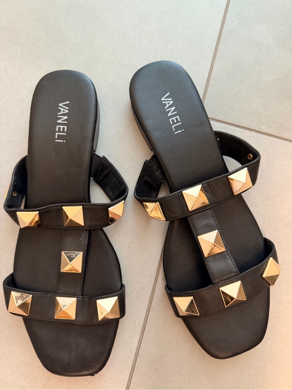 Vaneli Black Slide Sandals with Gold Pyramid Studs